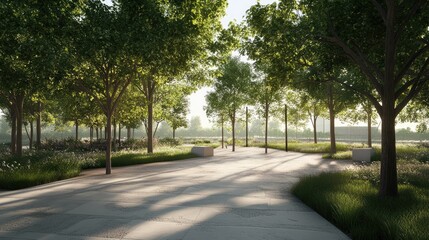 Obraz premium Scenic park landscape with lush trees and sunlight casting gentle shadows on pathways for a peaceful outdoor ambiance