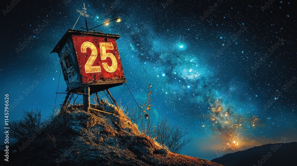 Poster Dazzling aurora display forms nighttime numbers 25 over serene landscape starry sky low resolution imagery for visual impact