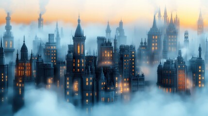 Fototapeta premium Majestic Cityscape at Dusk with Ethereal Fog and Illuminated Buildings Capturing the Essence of Urban Enchantment and Mystery Against a Vibrant Sky