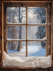 Snowy Winter Scene Viewed Through Rustic Window
