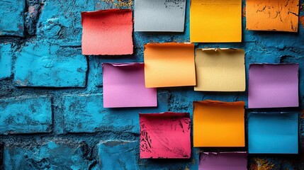 Sticky notes with art and creativity represent ideas, vision, planning, task sharing, writing collaboration, mockup space for text, projects, assignments, brainstorming, and quotes.