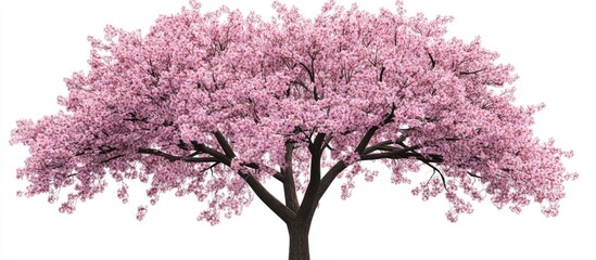 Obraz premium Blossoming cherry tree with vibrant pink flowers isolated on white background showcasing springtime beauty and natural elegance