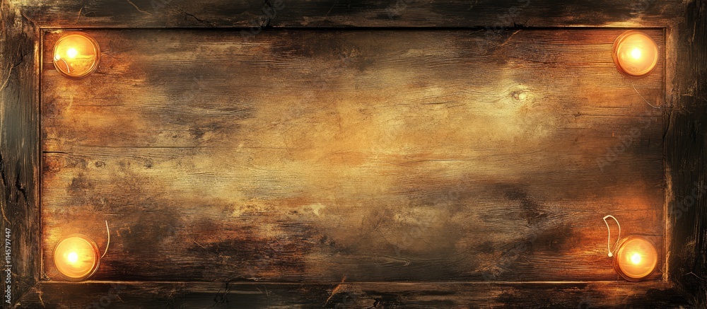 Aufkleber aged wooden desk backdrop with illuminated frame and empty text space ideal for creative displays or