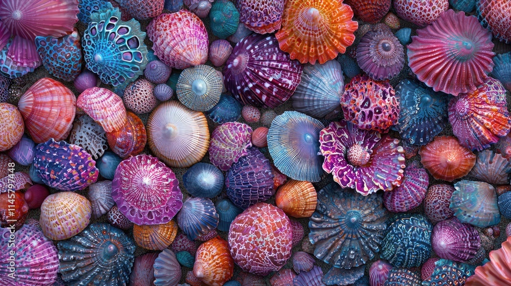 Aufkleber colorful sea shells arrangement creating a vibrant and visually appealing background for summer them