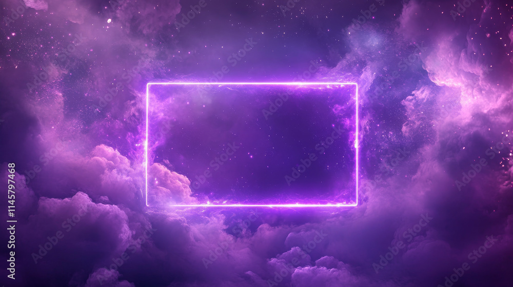 Poster neon rectangle frame with smoke on water surface. rectangular glowing border with magic light among 