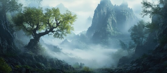 Mysterious fog-covered forest landscape with towering mountains and lush greenery creating a serene natural scene