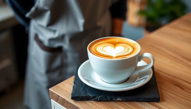 Elegant Latte Art in White Cup on Stylish Slate Plate