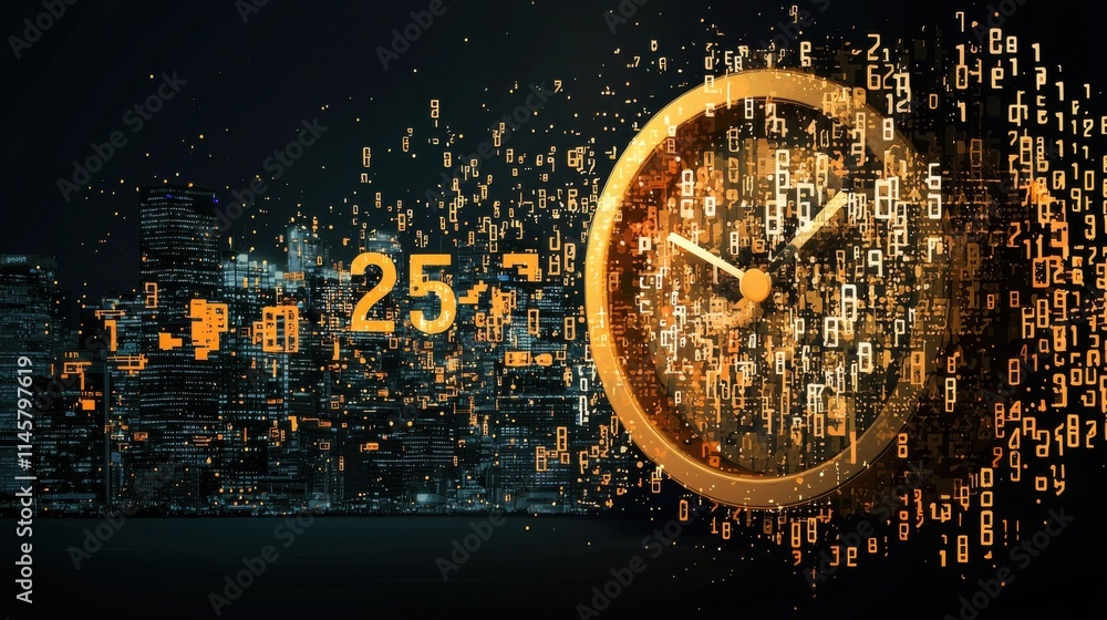 Fototapete Digital clock transitioning to low-resolution format analyzing time representation in a virtual environment