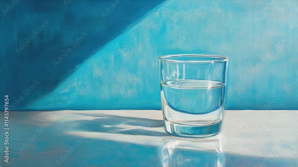Poster clear glass of fresh water on a reflective surface with soft blue background and gentle shadows crea