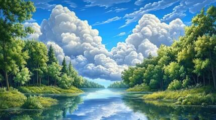 Serene pond reflection beneath vibrant clouds surrounded by lush green forests on a clear blue sky day