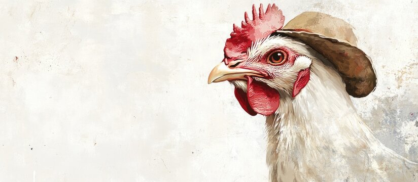 White hen adorned with a hat on a plain background showcasing a whimsical and humorous farm animal portrait