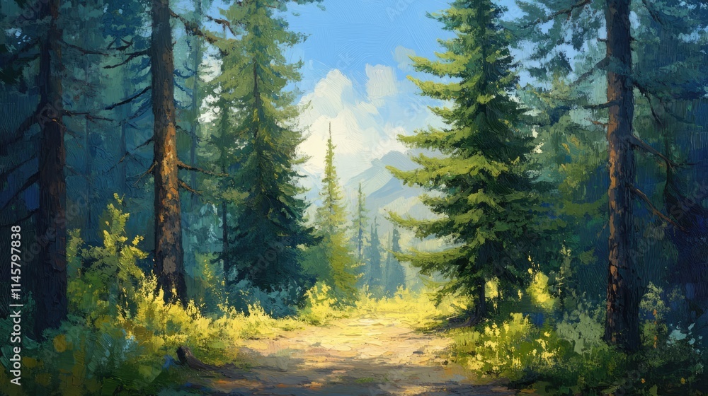 Poster lush coniferous forest scene with tall pine trees and a sunlit pathway through greenery inviting exp