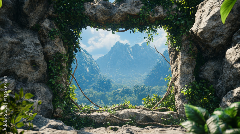 Poster stone frames for game user avatar. vector cartoon set of empty square rock boards with jungle vines 