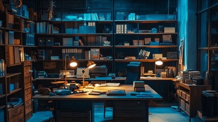  dimly lit office interior with cluttered desks, shelves, and illuminated lamps