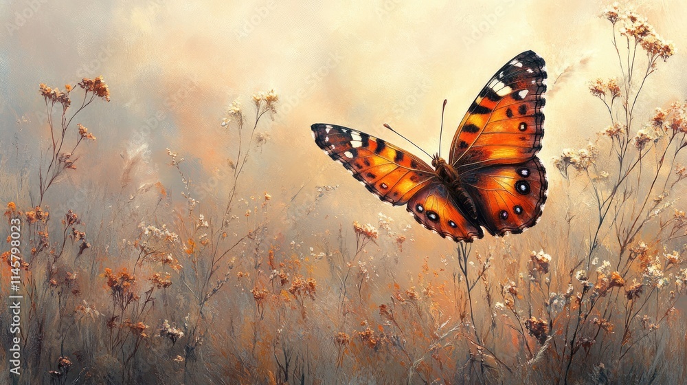 Poster beautiful butterfly resting on a twig amidst soft grass with a gentle light background showcasing se