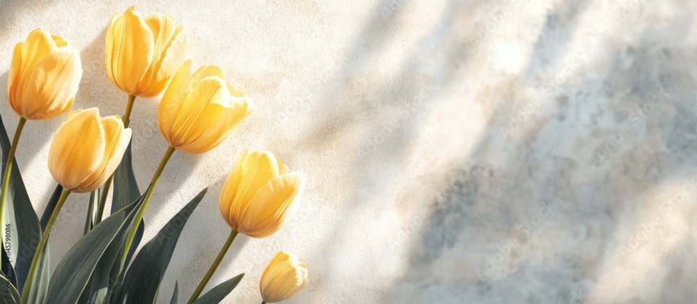 Poster yellow tulips elegantly arranged on a light stone background with a soft shadow effect ideal for cus