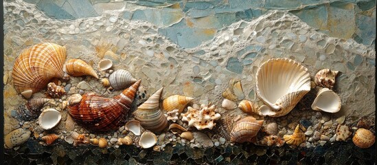 seashells scattered along a sandy shoreline with gentle waves creating a serene coastal landscape