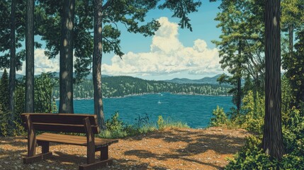 Fototapeta premium Scenic Viewpoint at State Park with Bench Overlooking Peaceful Lake and Lush Green Forest Landscape