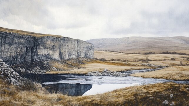 Stainforth Scar Landscape Featuring Scenic Cliffs and Calm River Reflections in Yorkshire Dales National Park