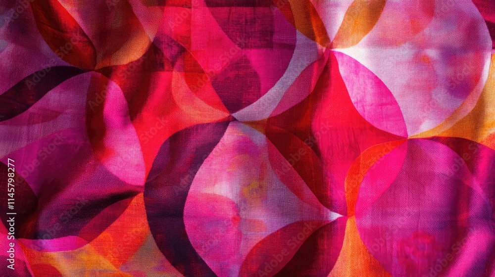 Poster vibrant red and pink cotton fabric featuring geometric floral patterns with overlapping medallions c