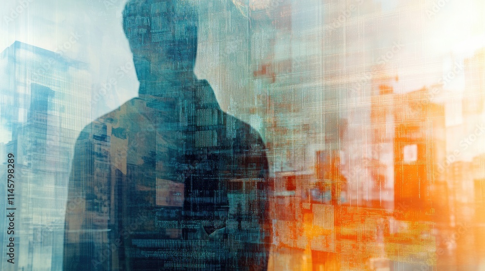 Poster abstract digital coding concept with silhouette against blurred cityscape representing big data, net