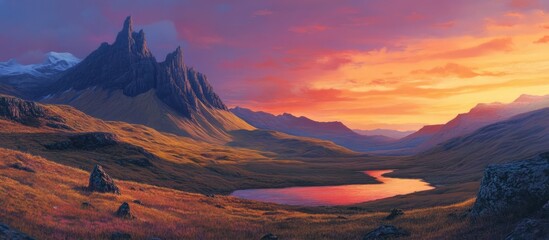 Serene sunset over rugged highlands with tranquil lake reflecting vibrant colors in the sky and dramatic mountain silhouettes in the background