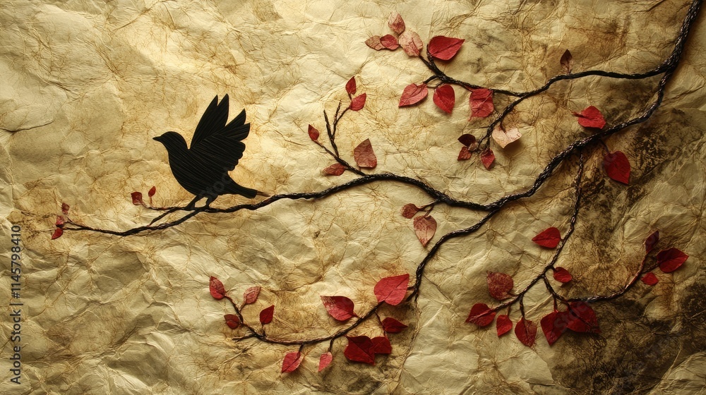 Poster artistic composition of mulberry paper featuring a silhouette of a bird perched on a branch with red