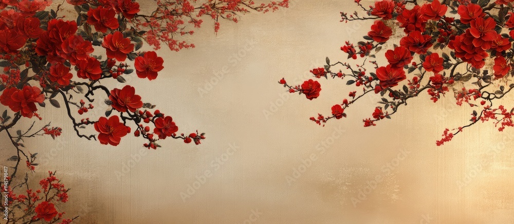 Poster japanese backdrop with vibrant red camellia flowers against a soft neutral background creating an el