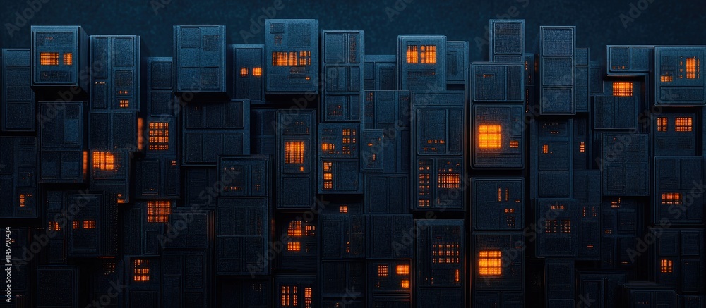 Poster abstract urban environment with illuminated windows in dark buildings showcasing modern architecture