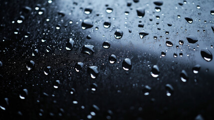 Water drops on black glass surface. Realistic 3d vector dark background with transparent rain droplets. Wet window with dew bubbles. Fresh moisture bg with spray condensation waterdrop pattern.