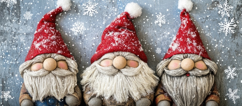 Poster three whimsical gnomes in red hats surrounded by snowflakes on a textured background creating a fest