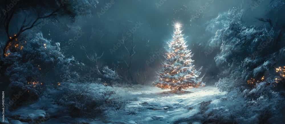 Poster sparkling christmas tree illuminated in a winter forest surrounded by snow and soft glows in a magic
