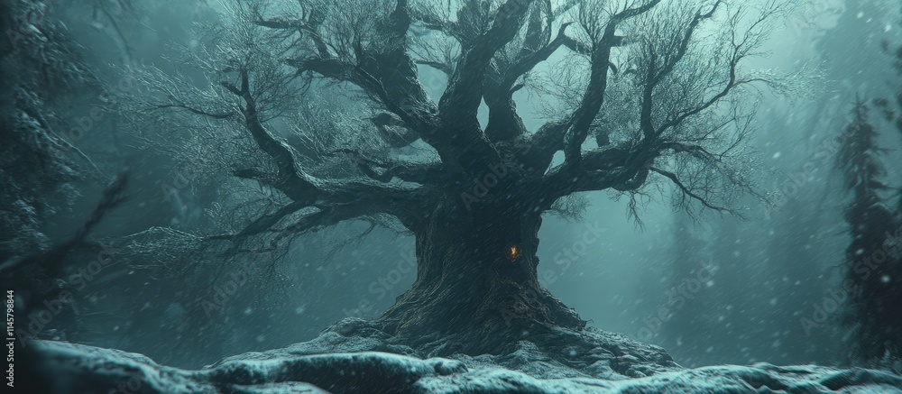 Poster mysterious winter forest with an ancient tree adorned with subtle holiday decorations creating a mag