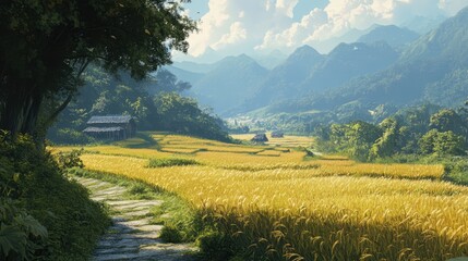 Breathtaking Scenic Landscape of Lush Rice Fields Under Bright Sky with Majestic Mountains in the Background