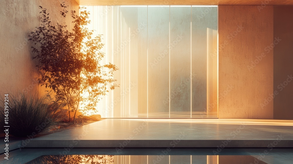 Poster tranquil interior space with natural light and greenery creating a serene atmosphere in an empty mod