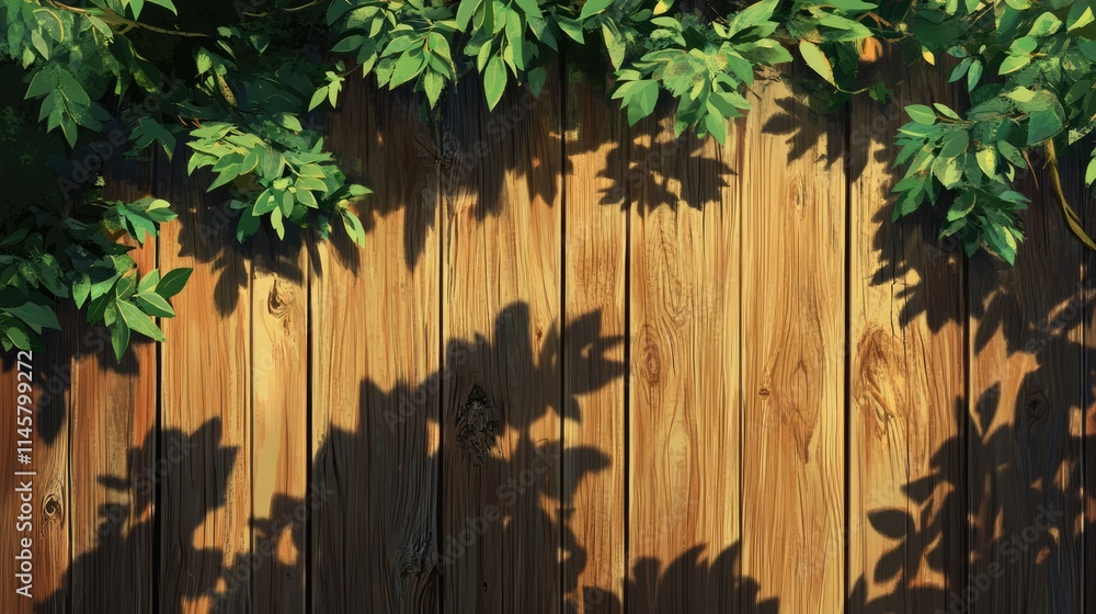 Poster wooden fence background with leafy shadows creating textures and patterns in a rustic outdoor settin