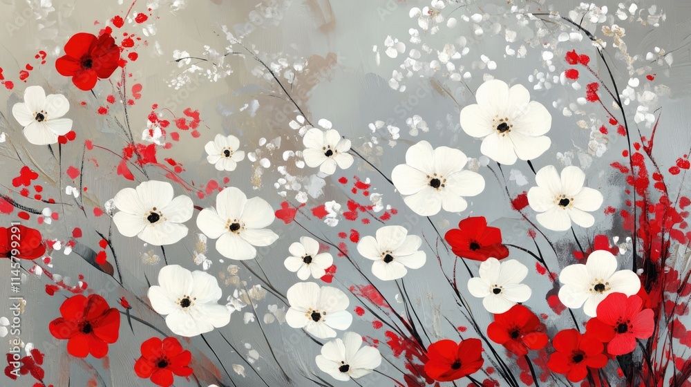 Poster vibrant abstract composition of white and red wildflowers creating a serene and colorful floral back