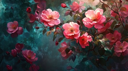 Vibrant wild roses blooming amidst a lush green backdrop creating a serene and enchanting floral scene