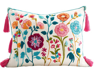 Isolated Colorful Embroidered Floral Pillow with Tassels