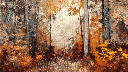 Autumn forest landscape with vibrant orange foliage and soft light creating a nostalgic atmosphere in nature's serene beauty