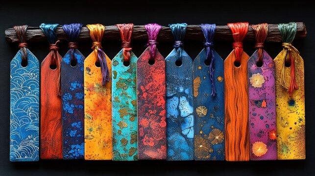 Handcrafted colorful bookmarks displayed on a wooden rod showcasing intricate designs and vibrant hues for artistic stationery lovers