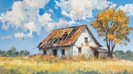 Obraz premium Allgau landscape featuring an old farmhouse with a damaged roof under a bright blue sky with fluffy clouds and vibrant autumn foliage.