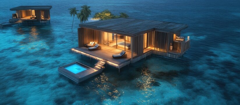 Luxury water bungalows on a tropical island surrounded by crystal-clear ocean waters at twilight exhibiting serene coastal beauty