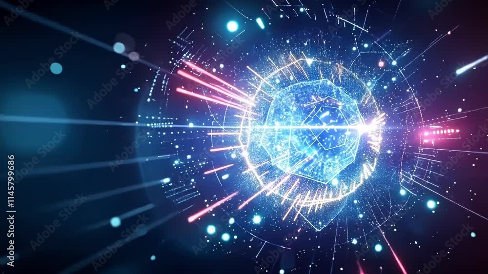 Poster complex network of digital data streams converging towards a bright, glowing sphere, symbolizing tec