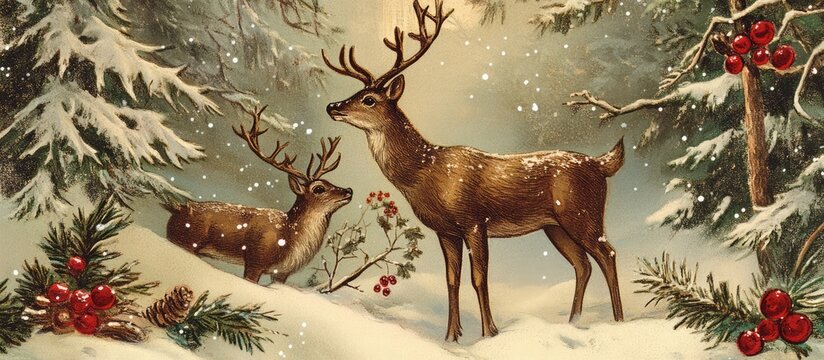 Festive vintage Christmas card featuring deer in a snow-covered forest with holiday decorations and a serene winter atmosphere