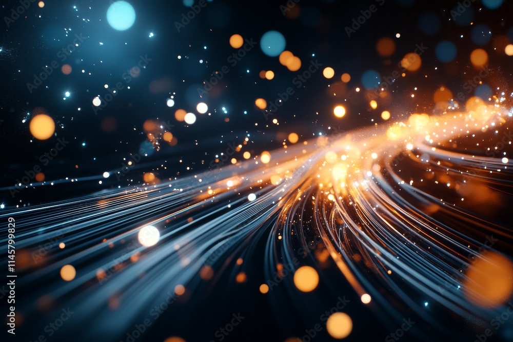 Poster colorful light trails and bokeh effects create a vibrant abstract background in dark setting