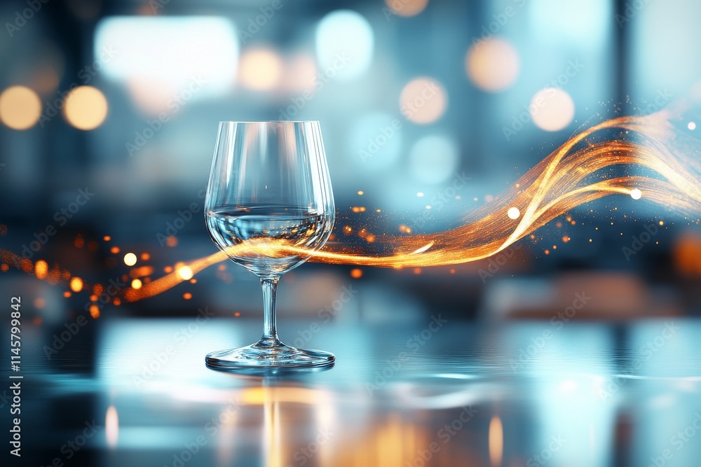 Poster elegant glass on a reflective table with dynamic light patterns in a modern setting