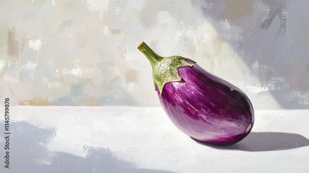 Poster vibrant aubergine resting on a clean white surface showcasing its rich purple color and smooth textu