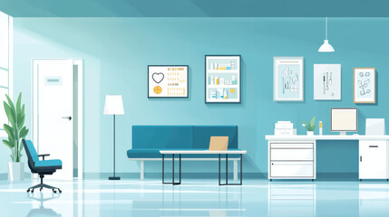 Medical office interior, empty clinic room with doctor stuff, hospital with couch, chair and washbasin, locker for medicine, table, computer and medical aid banners on wall cartoon vector illustration