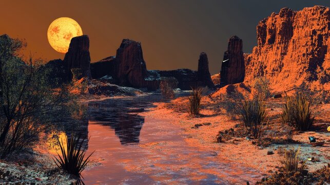Martian landscape featuring a dramatic wadi under a vivid sunset with rocky formations and desert vegetation